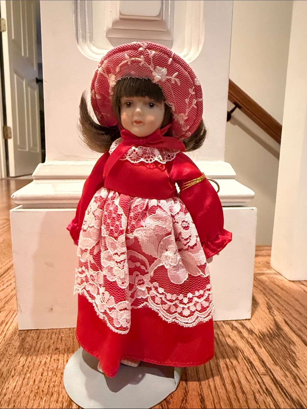 Gorham February Doll of the Month Porcelain Doll with Bonnet-with tags and stand